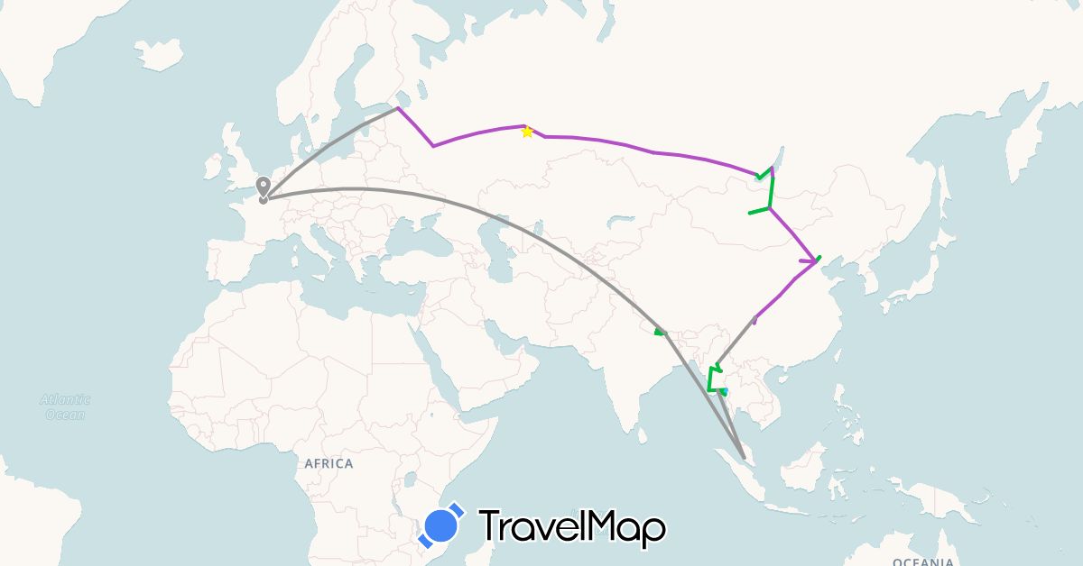 TravelMap itinerary: driving, bus, plane, train, hiking, boat in China, France, Myanmar (Burma), Mongolia, Malaysia, Nepal, Russia (Asia, Europe)